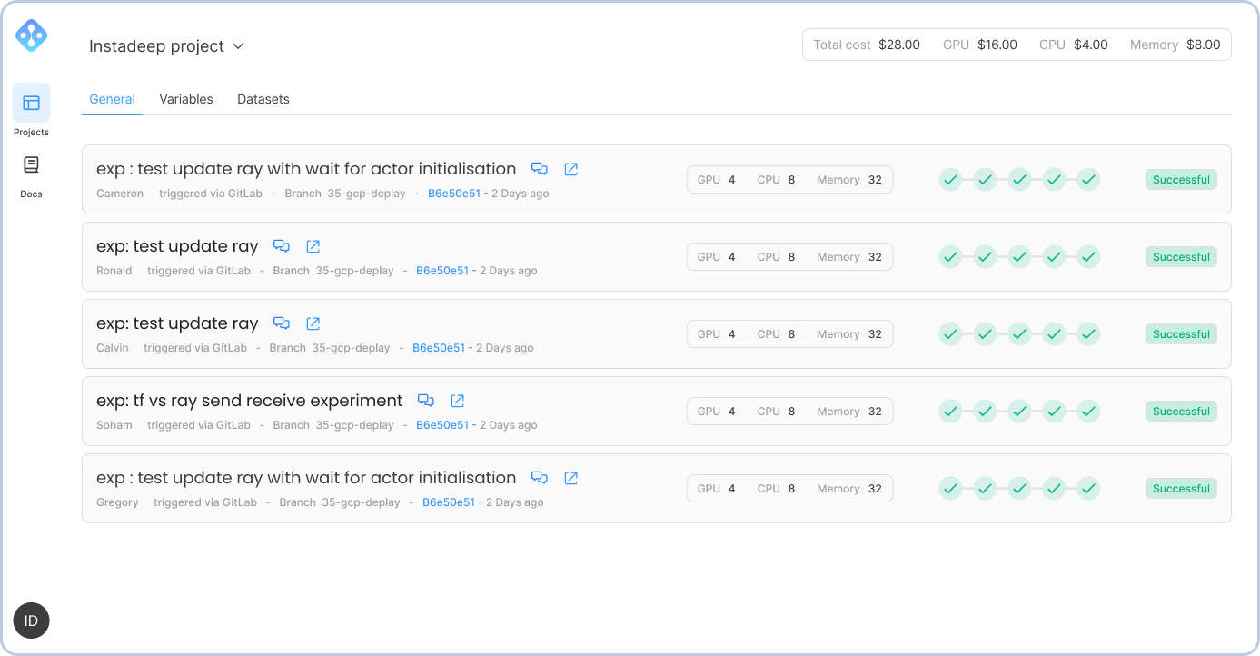 AIchor platform dashboard that shows many experiments with different steps, status, and costs.